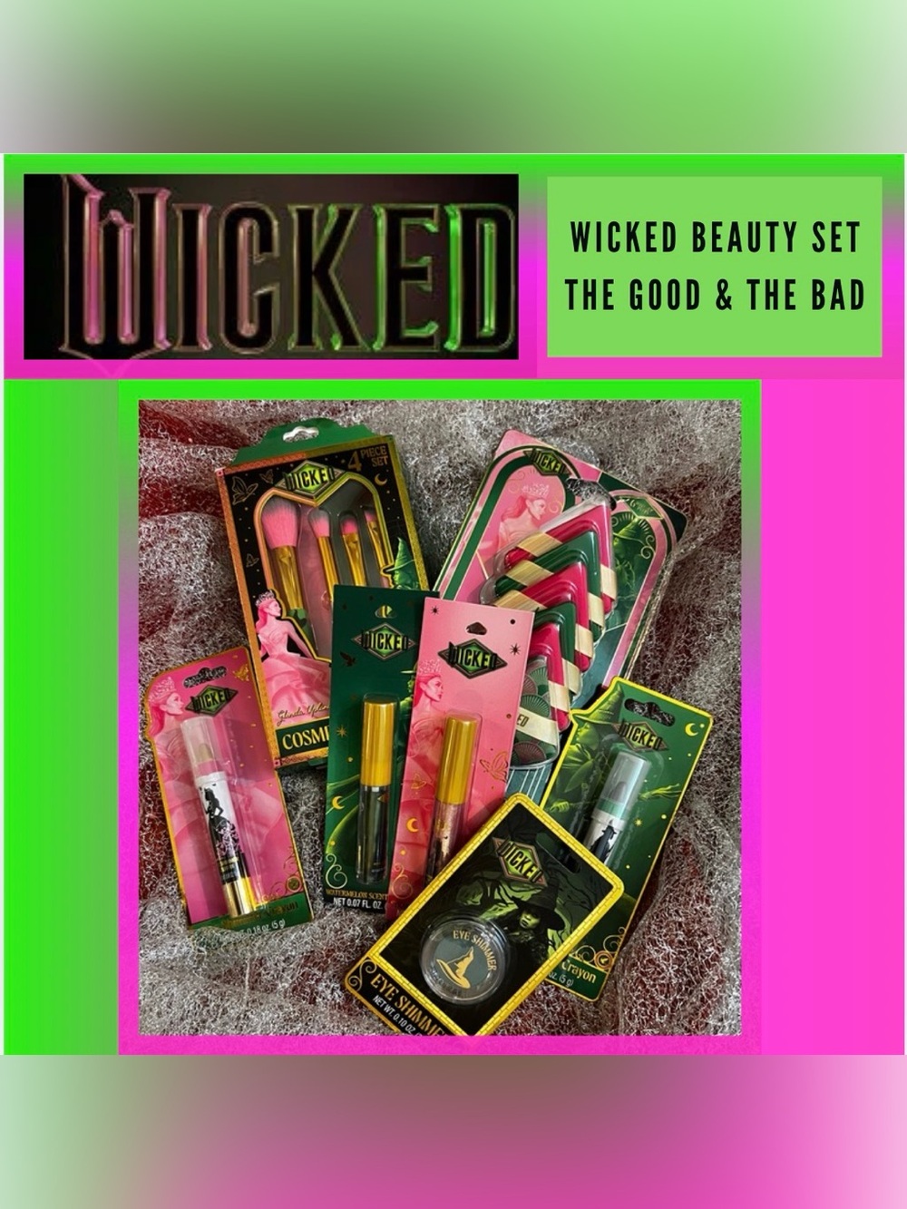 WICKED Cosmetics Assorted Makeup Set in Pink, Green, Gold 7 Items